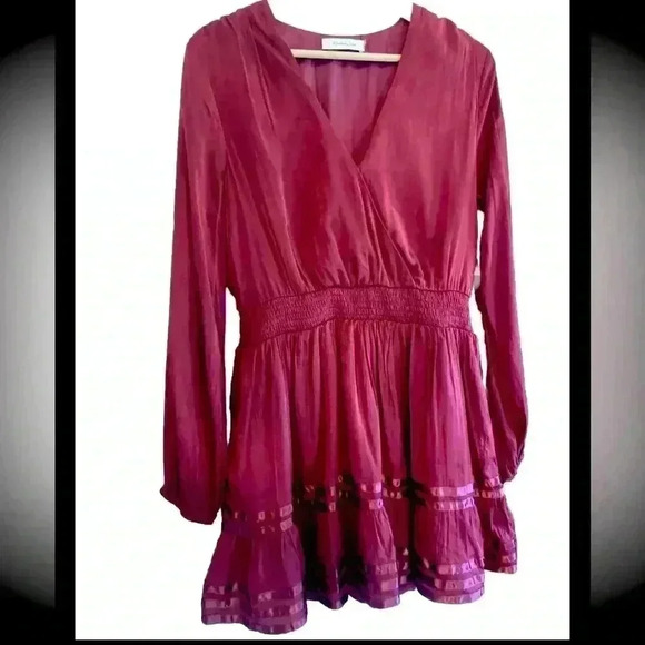 Mustard Seed Size Medium Burgundy Long Sleeve V-Neck Mini Party Dress - Picture 1 of 9